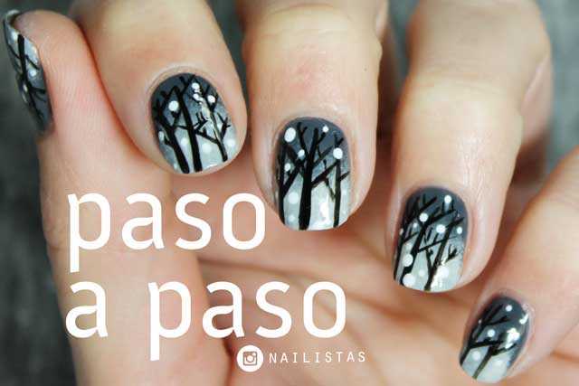 Uñas decoradas con bosque nevado paso a paso